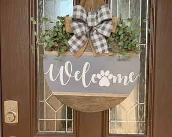 Front Door Decor, Welcome Dog Paw Print Sign, Farmhouse Front Door Dog Wreath, Paw Door Hanger