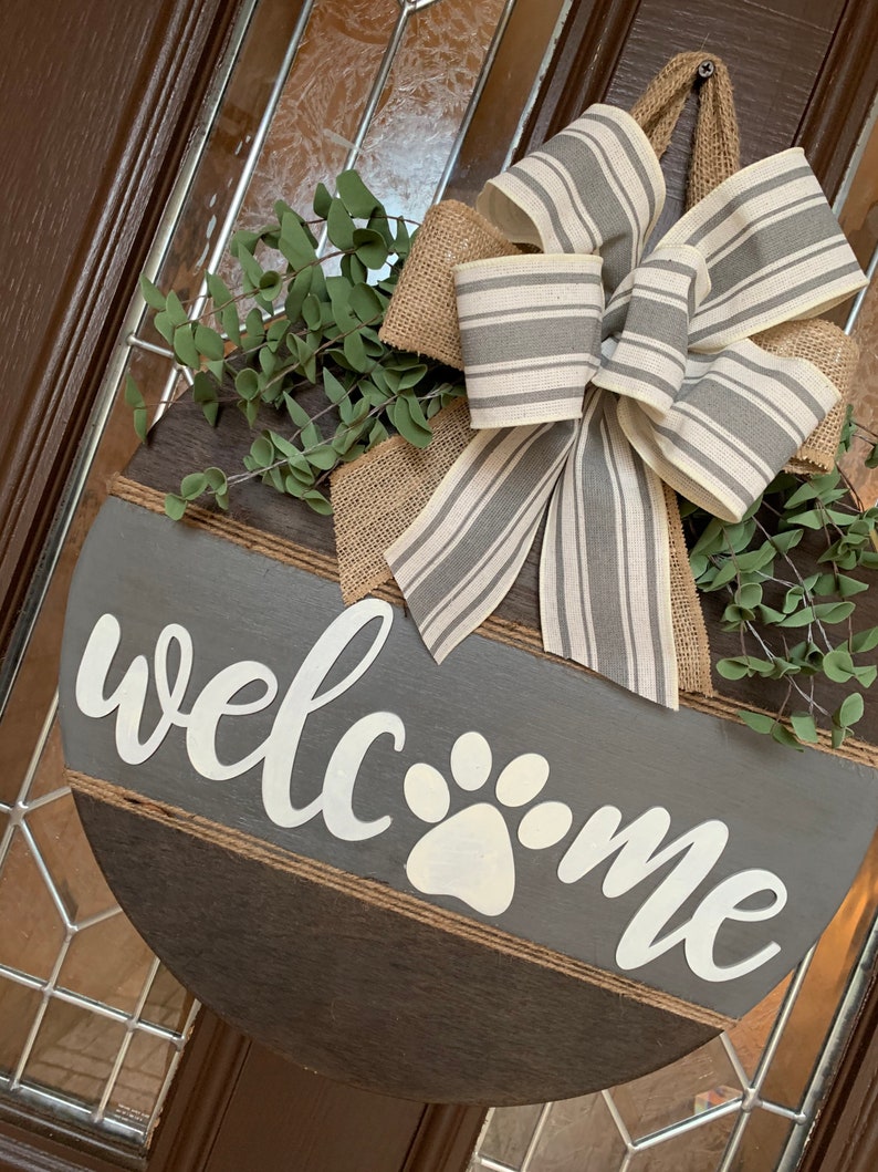 Round Wood Sign Dog Paw Print Farmhouse Style Door