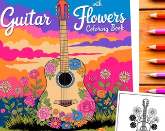 Guitar with Flowers Coloring Book, Easy Printable Pages (PDF Download)