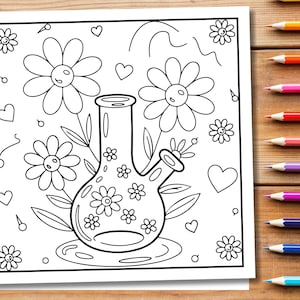 May include: Black and white line art of a bong with floral and heart designs. The bong is surrounded by flowers and hearts, all in a coloring book style. The image is on a white background.