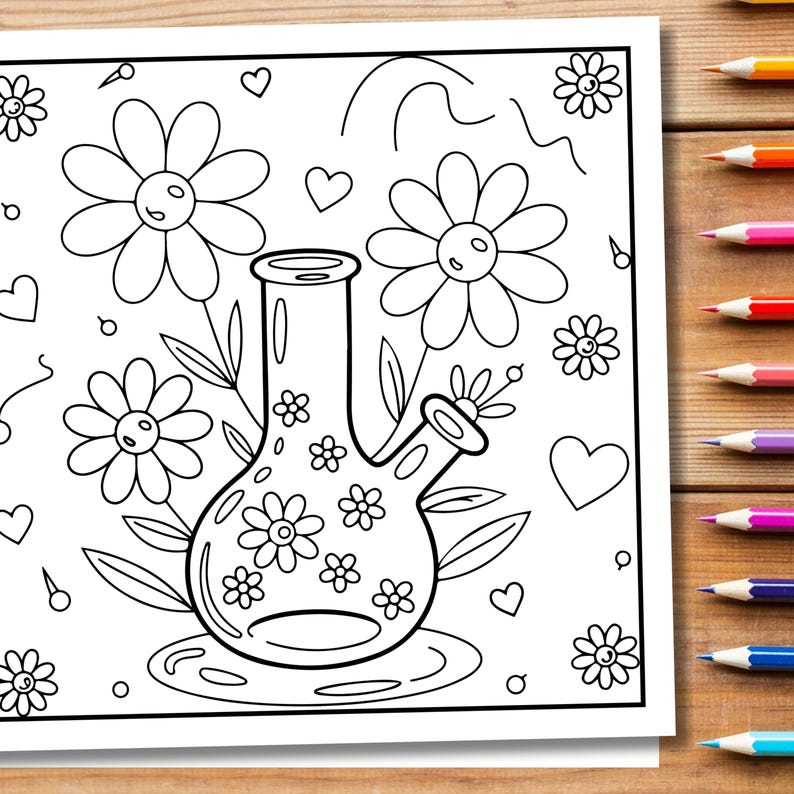 May include: Black and white line art of a bong with floral and heart designs. The bong is surrounded by flowers and hearts, all in a coloring book style. The image is on a white background.