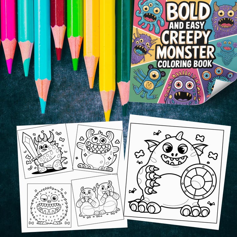 May include: Four black and white coloring pages featuring different cartoon monsters. The pages are titled "Bold and Easy Creepy Monster Coloring Book".