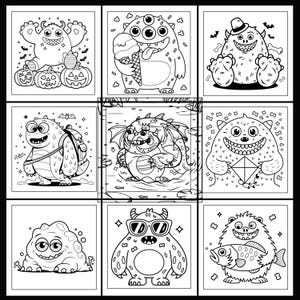 May include: A black and white coloring page featuring nine different cartoon monsters. Each monster has a unique design and expression. The monsters are in various poses, including holding a kite, ice cream cone, and a fish.