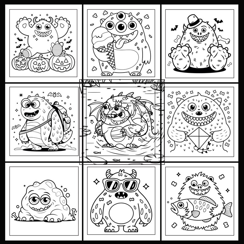May include: A black and white coloring page featuring nine different cartoon monsters. Each monster has a unique design and expression. The monsters are in various poses, including holding a kite, ice cream cone, and a fish.