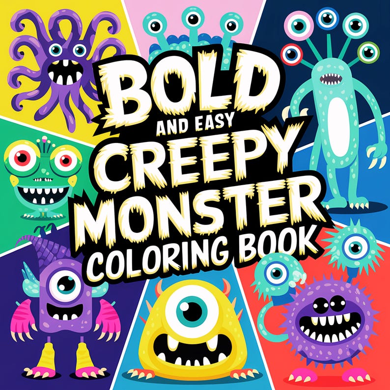 May include: A coloring book with the title "Bold and Easy Creepy Monster Coloring Book". The cover features illustrations of colorful monsters with big eyes and toothy grins.