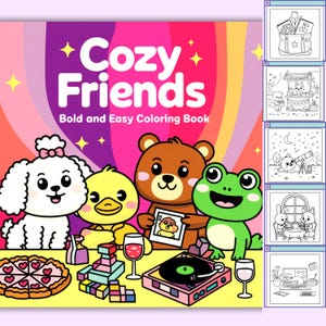 Cozy friends, cute bold and easy coloring book.  40 fuzzy pages | PDF Coloring book download and print.
