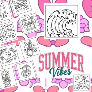 May include: A collection of summer-themed line art illustrations, including a wave, a coconut drink, and a sign that says "Welcome." The words "Summer Vibes" are also displayed in a pink, distressed font.