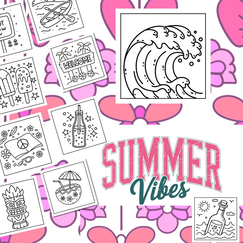 May include: A collection of summer-themed line art illustrations, including a wave, a coconut drink, and a sign that says "Welcome." The words "Summer Vibes" are also displayed in a pink, distressed font.