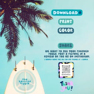 May include: A digital art graphic with a surfboard, palm tree, and text that says "Download, Print, Color, Share". The text encourages users to share their finished pages on Instagram.