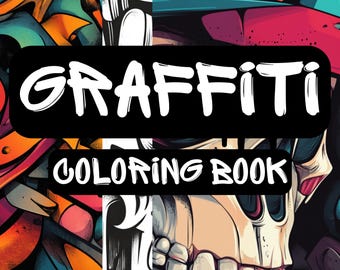 以下が含まれることがあります： 「GRAFFITI COLORING BOOK」というタイトルが黒地に白文字で書かれた塗り絵本の表紙。表紙には、グラフィティ風のデザインが施されたカラフルなドクロが描かれている。