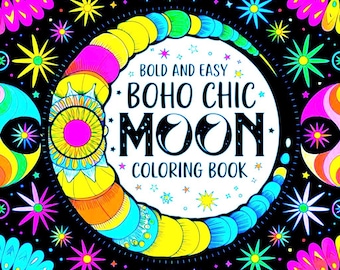 Boho Moon and Stars Coloring Book, Easy Designs (PDF Print)