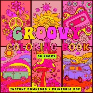 GROOVY Hippie Coloring Book for adults. PDF download, print and color. Digital download.