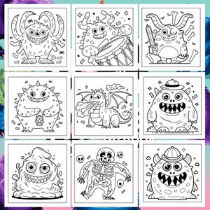 May include: Nine black and white illustrations of cartoon monsters. Each monster has a unique design and expression. The illustrations are perfect for coloring pages or activity books.