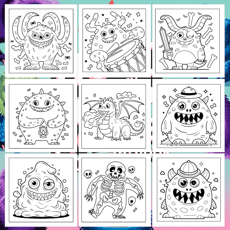 May include: Nine black and white illustrations of cartoon monsters. Each monster has a unique design and expression. The illustrations are perfect for coloring pages or activity books.