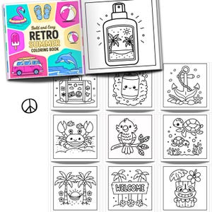 May include: A "Retro Summer" coloring book with a pink, blue, and yellow cover featuring a flamingo, ice pop, and a pink van. The book includes black and white illustrations of summer-themed images, including a sunscreen bottle, crab, and parrot.