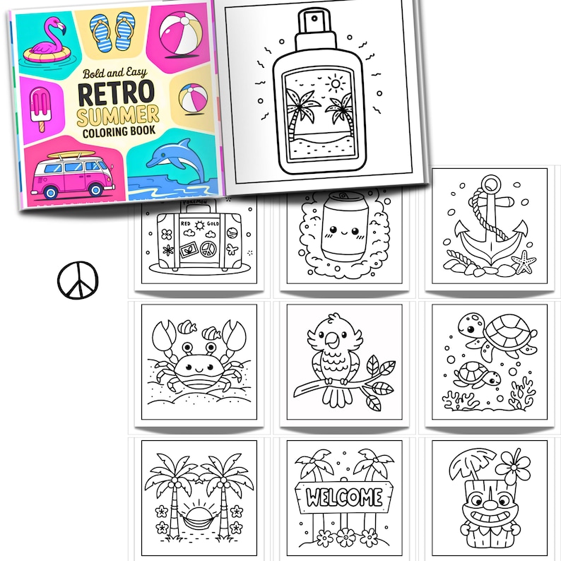May include: A "Retro Summer" coloring book with a pink, blue, and yellow cover featuring a flamingo, ice pop, and a pink van. The book includes black and white illustrations of summer-themed images, including a sunscreen bottle, crab, and parrot.