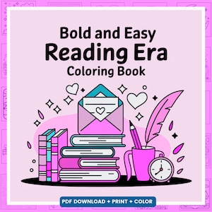 以下が含まれることがあります： 「Bold and Easy Reading Era Coloring Book」というタイトルのピンクの塗り絵。表紙には、本が積み重ねられ、ピンクの封筒の中に手紙が入っており、羽根ペンとピンクのカップに時計が描かれています。