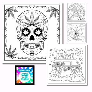 May include: Black and white line art coloring pages featuring a skull with cannabis leaves, a mushroom house, a cannabis leaf surfing, and a van with the word "PEACE". The image also includes a button with the words "DOWNLOAD PRINT COLOR".