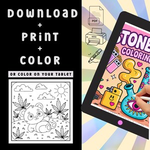 May include: A digital coloring book displayed on a tablet, featuring a cartoon panda surrounded by cannabis leaves. The tablet screen shows a colorful illustration with the text "STONE COLORING". The image also includes the text "DOWNLOAD + PRINT + COLOR".