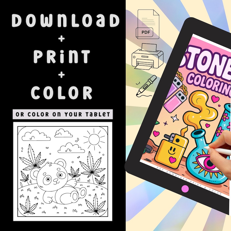 May include: A digital coloring book displayed on a tablet, featuring a cartoon panda surrounded by cannabis leaves. The tablet screen shows a colorful illustration with the text "STONE COLORING". The image also includes the text "DOWNLOAD + PRINT + COLOR".