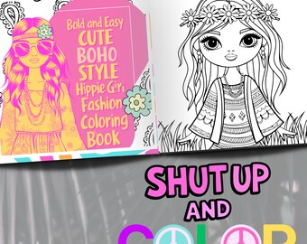 Boho Hippie Girl Coloring Pages, Easy Print & Color (PDF Digital Download)