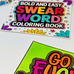 May include: A colorful coloring book with the title "Bold and Easy Swear Word Coloring Book". The cover features a rainbow-colored font and a variety of colorful stars and flowers.