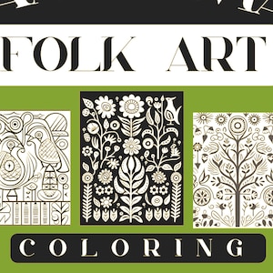 Puede incluir: Páginas para colorear en blanco y negro con diseños de arte popular. Los diseños incluyen flores, pájaros y árboles estilizados.