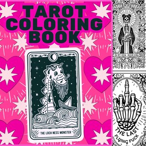 Peut inclure: Un livre de coloriage de tarot rose et blanc avec le texte "TAROT COLORING BOOK". La couverture présente une illustration en noir et blanc du monstre du Loch Ness. D'autres illustrations incluent un squelette et de l'art sur le thème des chiens.