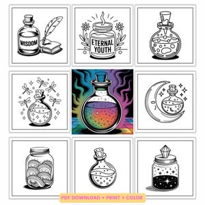 Puede incluir: Nueve ilustraciones en blanco y negro de botellas de poción con diferentes diseños. Las botellas están etiquetadas con palabras como "Sabiduría" y "Juventud Eterna".