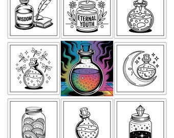 以下が含まれることがあります： 異なるデザインのポーションボトルの白黒イラスト9点。ボトルには「知恵」や「永遠の若さ」などの言葉が書かれています。