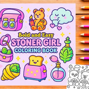ストーナーガール、大胆で簡単な大人向け塗り絵。48ページ。PDF塗り絵をダウンロードして印刷。デジタル塗り絵。