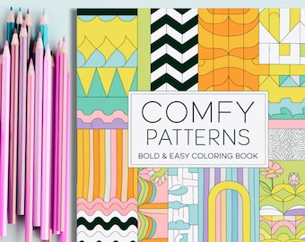 May include: A coloring book with the title "COMFY PATTERNS BOLD & EASY COLORING BOOK". The cover features a colorful geometric pattern with a variety of shapes and colors, including yellow, orange, pink, blue, and green.