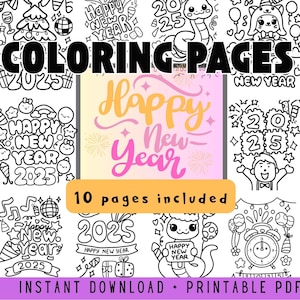 New Years Eve Coloring pages activity book. Coloring for adults and coloring for kids. Digital download coloring.