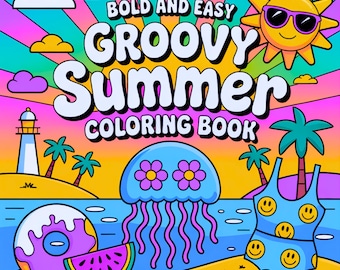 素敵な夏の塗り絵：レトロな簡単カラーデザイン（PDFデジタルダウンロード、79ページ）