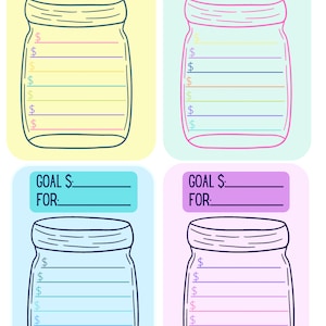 Savings goal and challenge trackers variety pack with and with out Mason Jar theme - fun colors