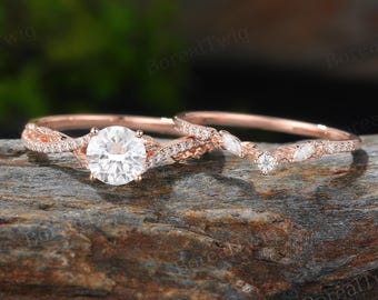 Round Moissanite Engagement Ring Set Vintage Rose Gold Diamond Twisted Bridal Ring Set Leaf Curved Nature Inspired Promise Ring Gifts