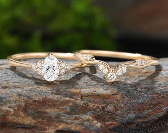 Petite Oval Cut Lab Grown Diamond Engagement Ring Set Unique Yellow Gold Bridal Set Lab Diamond Cluster Wedding Promise Ring for Women