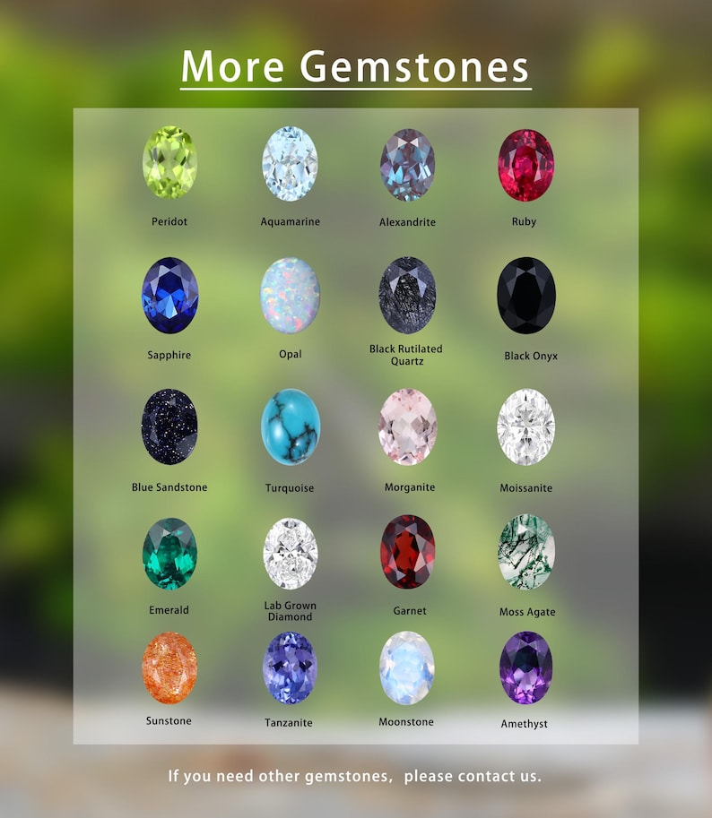May include: A display of various gemstones, including Peridot, Aquamarine, Alexandrite, Ruby, Sapphire, Opal, Black Rutilated Quartz, Black Onyx, Blue Sandstone, Turquoise, Morganite, Moissanite, Emerald, Lab Grown Diamond, Garnet, Moss Agate, Sunstone, Tanzanite, Moonstone, and Amethyst. The text "More Gemstones" is at the top.