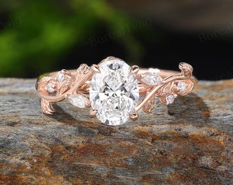 1.5CT Oval Cut Lab Grown Diamond Engagement ring Unique Rose Gold ring Dainty Branch Wedding ring Twig Anniversary gift Promise women gift
