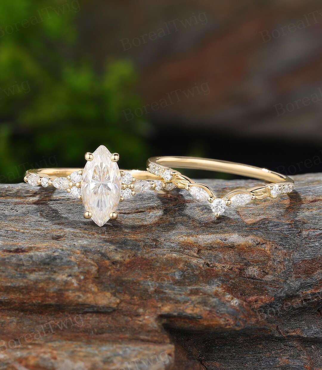 Marquise Cut Moissanite Engagement Ring Set Vintage Solid Yellow Gold ...