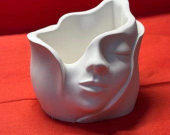 Handgemachter Keramik Blumentopf – Gesicht Design, Weiß, Dekoration & Geschenkidee