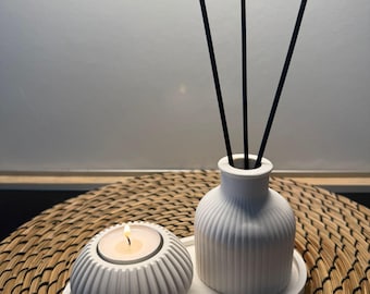 Handgemachtes Keramik Deko Set Teelichthalter & Mini Vase - Tablett – Minimalistisches Weißes Wohnaccessoire / Geschenkset