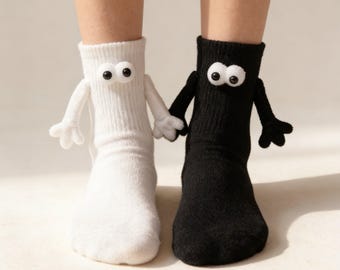 Magnetic Holding Hands Funny Socks – 3D Eyes Crew Socks | Embroidered Face Socks |  Black & White Couple Socks