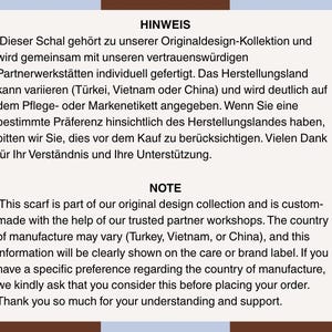 May include: Text on a rectangular card with a brown and blue border. The text is in English and German, providing information about the scarf's origin and manufacturing process. The card includes the word "NOTE".