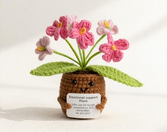 Gehäkelter Blumentopf zur emotionalen Unterstützung - Handgemachte positive Pflanze, niedliches Schreibtischdekor, Ermutigungsgeschenk, kleine Taschenumarmungsgeschenk für Freund