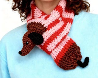 Handmade Dachshund Scarf – Christmas Gift Dog Shape Scarf in 3 Colors – Cute Hand Knitted Sausage Dog Winter Wrap