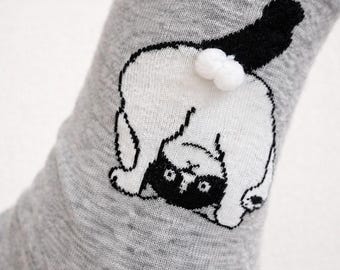 Funny Cat Socks, Cute Animal Crew Socks, Novelty Cotton Socks Gift for Her, 3D Pom Pom Butt Socks, Kawaii Cat Socks, Unique Birthday Gift