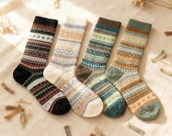 Fair Isle Cotton Socks, Vintage Nordic Knit Crew Socks