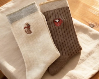 Embroidered Animal Crew Socks Set – Vintage-Cute Ribbed Socks, Unisex