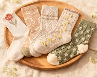 Floral Knit Cotton Socks, Cozy Vintage Crew Socks